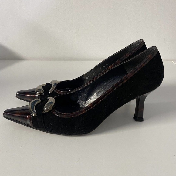 Stuart Weitzman Pump Black Suede Tortoise Shell Patent Trim Cap Point To… - Picture 7 of 10